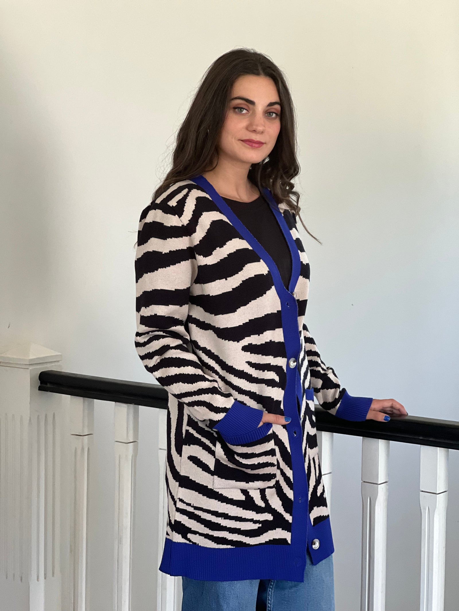 Chaleco Largo Cebra Beige&Azul Moda Todo por ti 