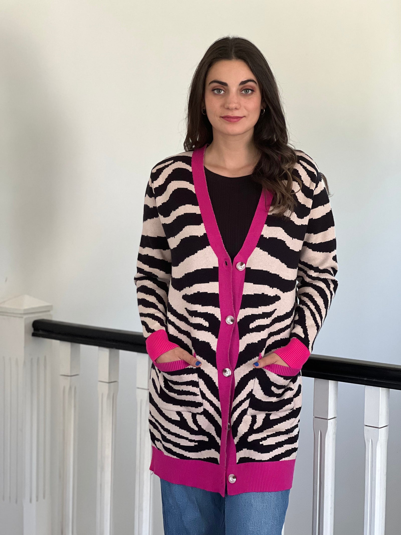 Chaleco Largo Cebra Beige&Fucsia Moda Todo por ti 